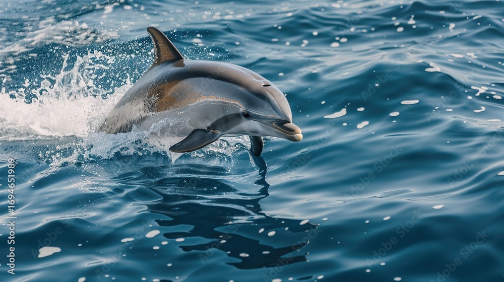 Fototapeta premium A dolphin is swimming in the ocean. The water is blue and the dolphin is white. The dolphin is in the middle of the water and is surrounded by waves