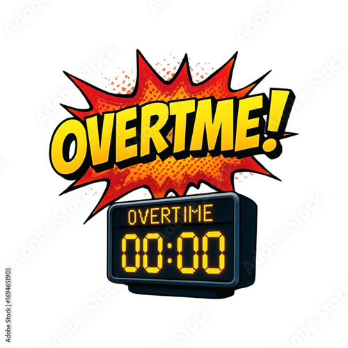 Overtime text with a digital clock displaying zero zero