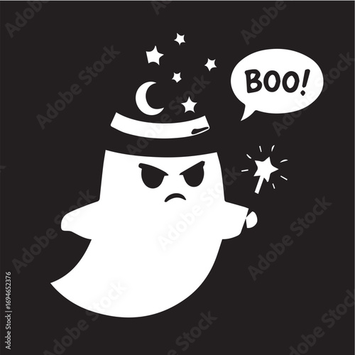 Grumpy ghost wizard cartoon mascot saying boo, isolated on a black background for Halloween celebrations