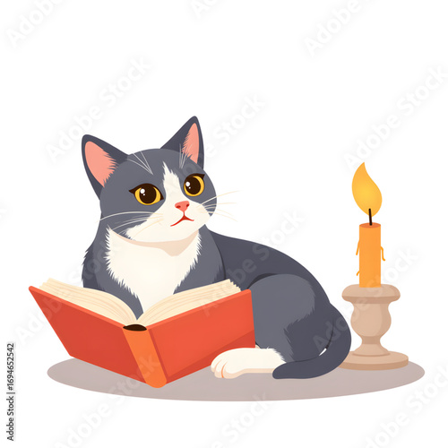 Gray cat reading a book beside a candle on transparent background,