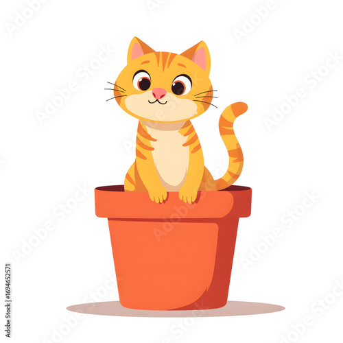 A cute ginger cat sits in a flower pot with a surprised expression on his face.