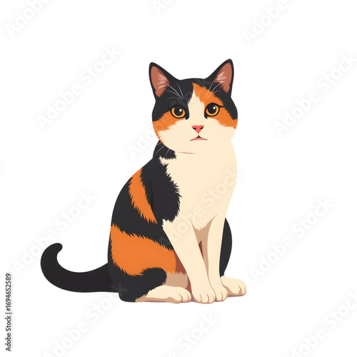 Calico cat sitting with a serious expression on a transparent background  