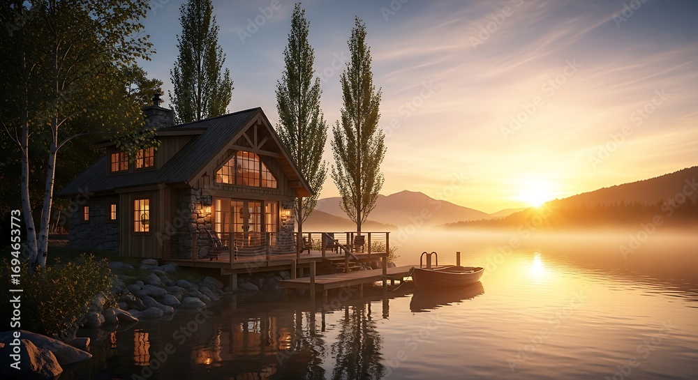 Fototapeta premium Sunset Cabin Lake Escape.