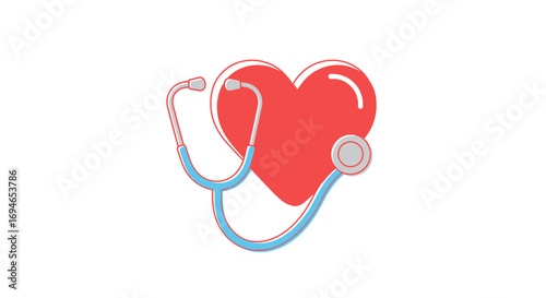 Digital illustration symbolizing cardiovascular care and diagnostics, a stethoscope listening to a vibrant red heart for wellness checkups and medical support