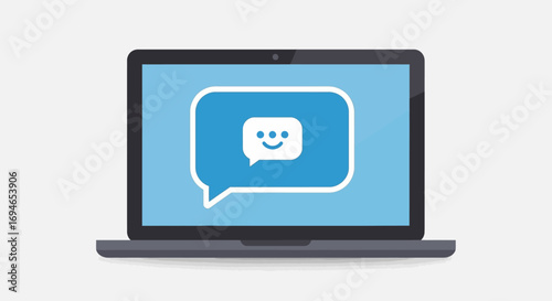 Laptop computer with a blue speech bubble and happy smiley face emoticon on the screen. Concept for AI chatbot, customer service, online support, and digital communication