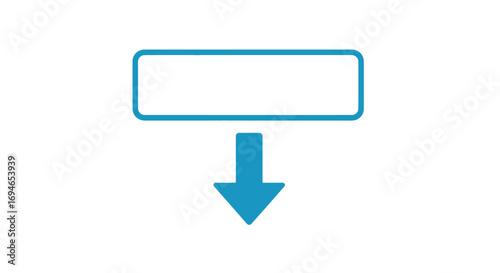 Blue graphic icon for digital download, data input, or process flow. Minimalist illustration with rectangular box and downward arrow, perfect for interfaces and workflow diagrams