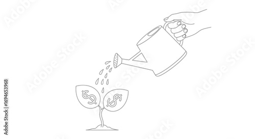 Conceptual line art illustration of a hand carefully nurturing a money plant, symbolizing investment, financial growth, and cultivating wealth