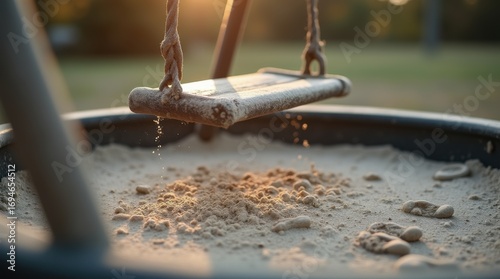 Ash-dusted swing and grayed sandbox details, evoking halted play and fragile normalcy

