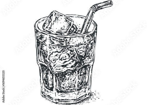 Sketch of a Glass of Iced Drink with Straw on Transparent Background. Vector hand drawn illustration