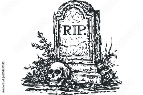 Tombstone with skull and roses RIP engraving on transparent background. Vector hand drawn illustration