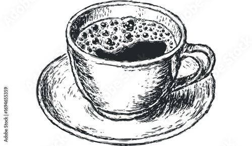 Hand drawn coffee cup with foam on saucer image. Vector hand drawn illustration