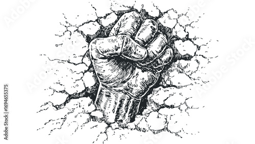 Fist breaking through cracked surface, hand emerging from wall. Vector hand drawn illustration