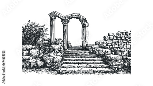 Ancient stone ruins with columns and stairs, ink sketch. Vector hand drawn illustration