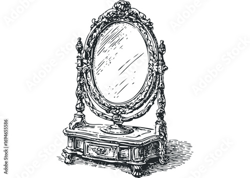 Ornate vintage vanity mirror on a pedestal with drawer,. Vector hand drawn illustration