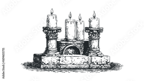 Four lit candles on ornate stone pedestals. Vector hand drawn illustration