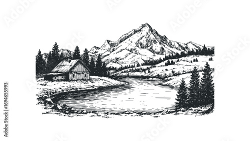 Wooden cabin by a lake with pine trees and majestic mountains. Vector hand drawn illustration