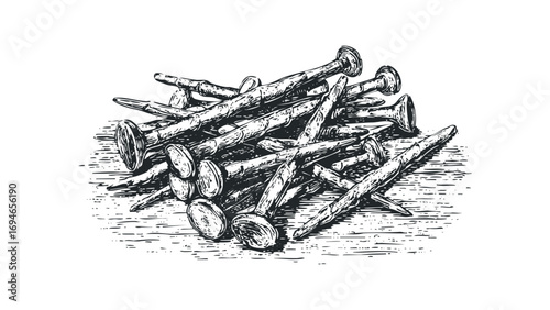 Pile of metal nails on a white surface with transparent background. Vector hand drawn illustration