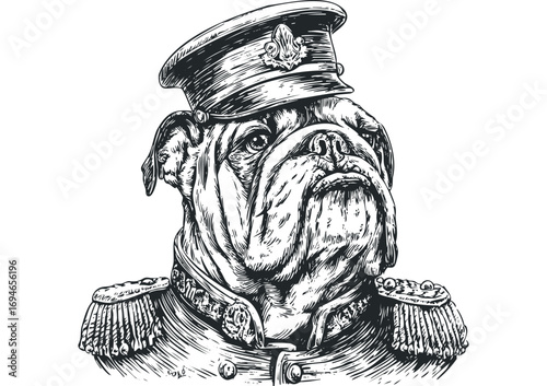 Bulldog portrait wearing a military uniform and cap. Vector hand drawn illustration