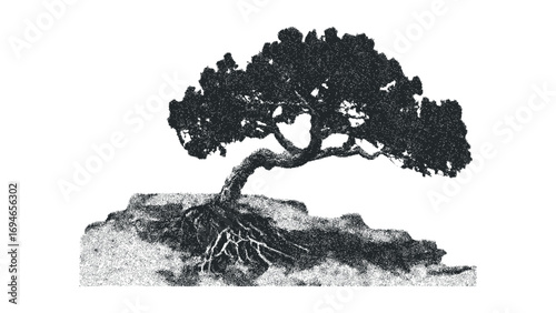 Stippled Juniper Tree with Exposed Roots on Rocky Terrain. Vector hand drawn illustration