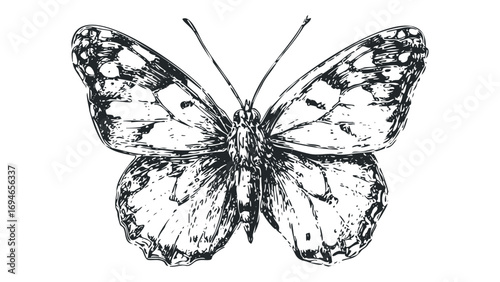 Detailed sketch of a butterfly with intricate wing patterns. Vector hand drawn illustration