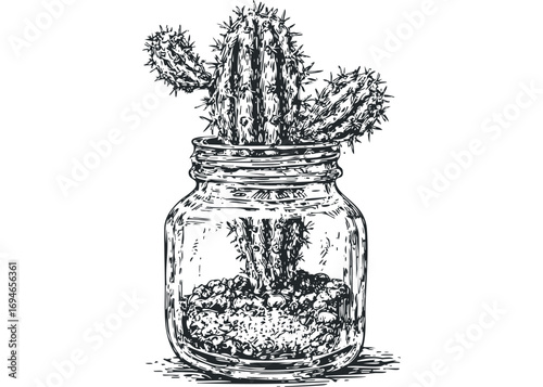 Hand drawn potted cactus in glass jar. Vector hand drawn illustration