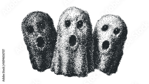 Three vintage textured ghosts isolated on white. Vector hand drawn illustration