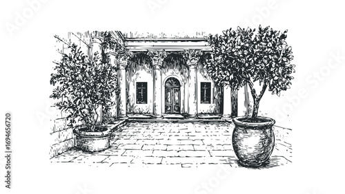 Architectural sketch of a courtyard with potted trees and classical columns. Vector hand drawn illustration