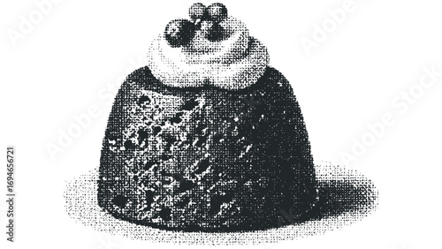 Christmas pudding with whipped cream and berries image. Vector hand drawn illustration