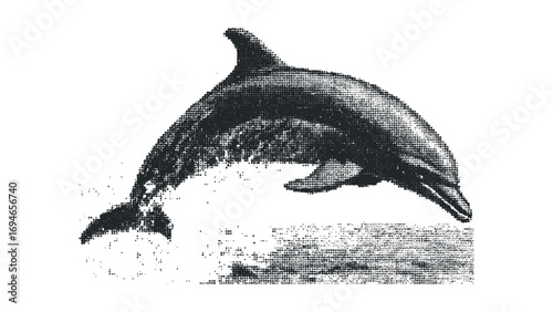 Monochromatic dolphin leaping from pixelated water splash. Vector hand drawn illustration