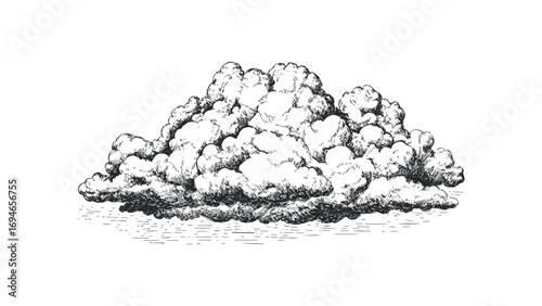 Hand drawn cumulus cloud sketch with fine lines, transparent. Vector hand drawn illustration