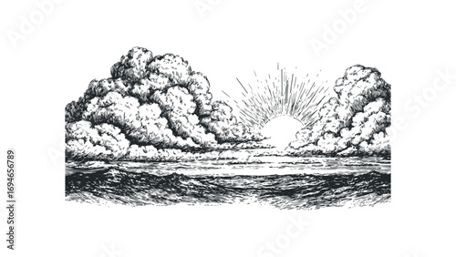 Sun rising over textured ocean waves with dramatic clouds. Vector hand drawn illustration