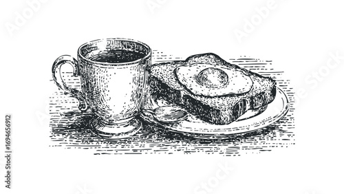 Sketch of coffee and toast with fried egg on plate. Vector hand drawn illustration