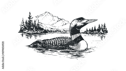 Black and white sketch of a loon bird swimming in water with pine trees and mountains. Vector hand drawn illustration