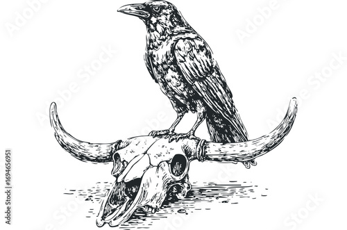 Detailed Ink Drawing of a Raven Perched on a Bull Skull. Vector hand drawn illustration