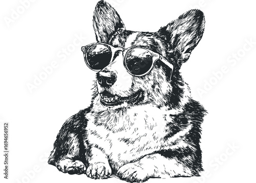 Pensive Pembroke Welsh Corgi dog wearing sunglasses, monochrome sketch, transparent background. Vector hand drawn illustration