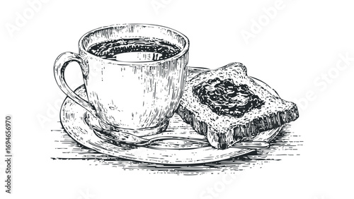 Sketch of hot coffee in ceramic mug with spoon and toast with jam. Vector hand drawn illustration