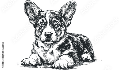 Pen and ink drawing of a young Welsh Corgi dog lying down. Vector hand drawn illustration