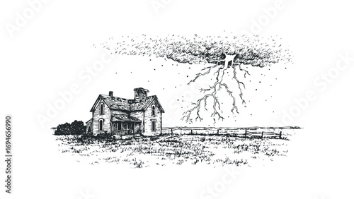 Isolated Old Farmhouse Under Dramatic Lightning Strike Sky. Vector hand drawn illustration