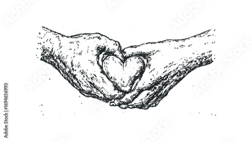 Two hands forming a heart shape with shading detail image. Vector hand drawn illustration