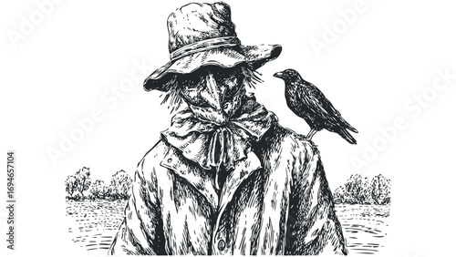 Scarecrow with crow on shoulder, pen and ink drawing on transparent background. Vector hand drawn illustration