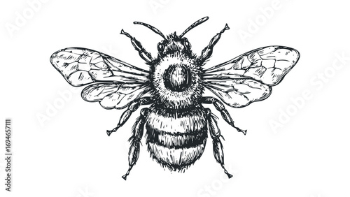 Hand Drawn Bee Insect with Detailed Wings on Transparent Background. Vector hand drawn illustration