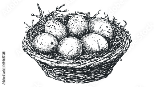 Nest filled with speckled eggs on transparent background. Vector hand drawn illustration