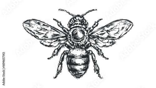 Ink sketch of a bee with outstretched wings on transparent background. Vector hand drawn illustration