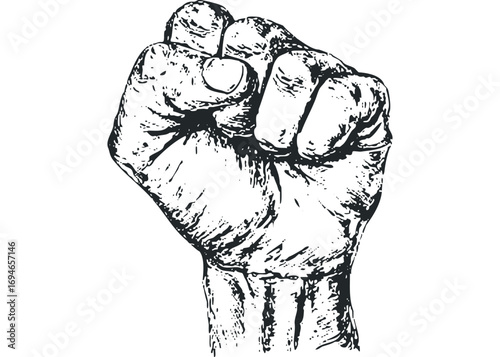Fist raised in protest gesture, black ink sketch,. Vector hand drawn illustration