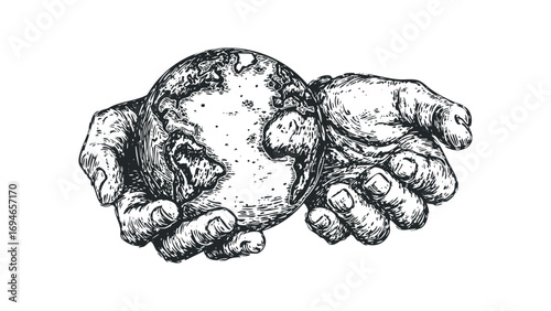 Line art of hands cradling planet Earth with textured detail. Vector hand drawn illustration