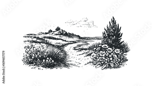 Woodcut Style Landscape with Path and Flowers. Vector hand drawn illustration