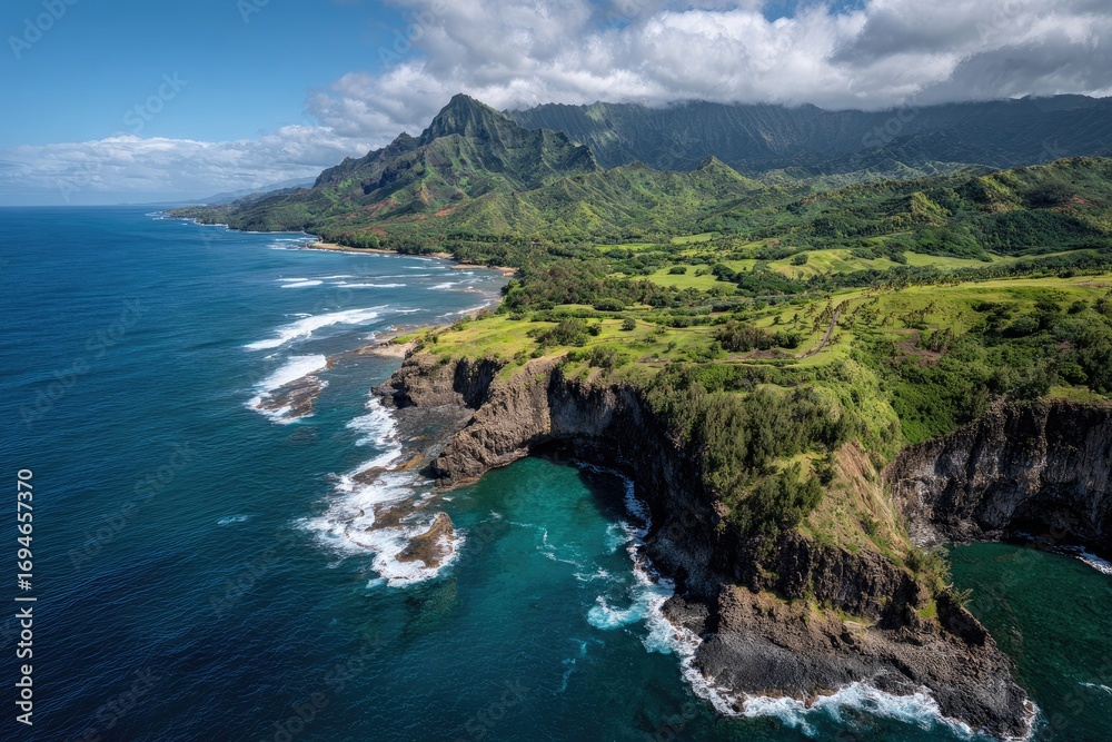 Fototapeta premium Coastal landscape with dramatic cliffs and vibrant vegetation