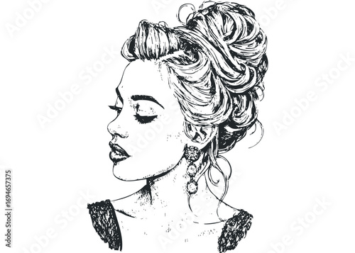 Elegant woman profile in sketch style with intricate updo and dangling earrings. Vector hand drawn illustration