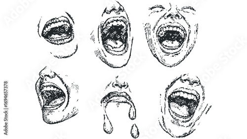 Six mouth expressions on a transparent image. Vector hand drawn illustration