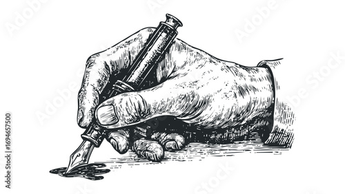 Hand holding fountain pen with ink splatter. Vector hand drawn illustration